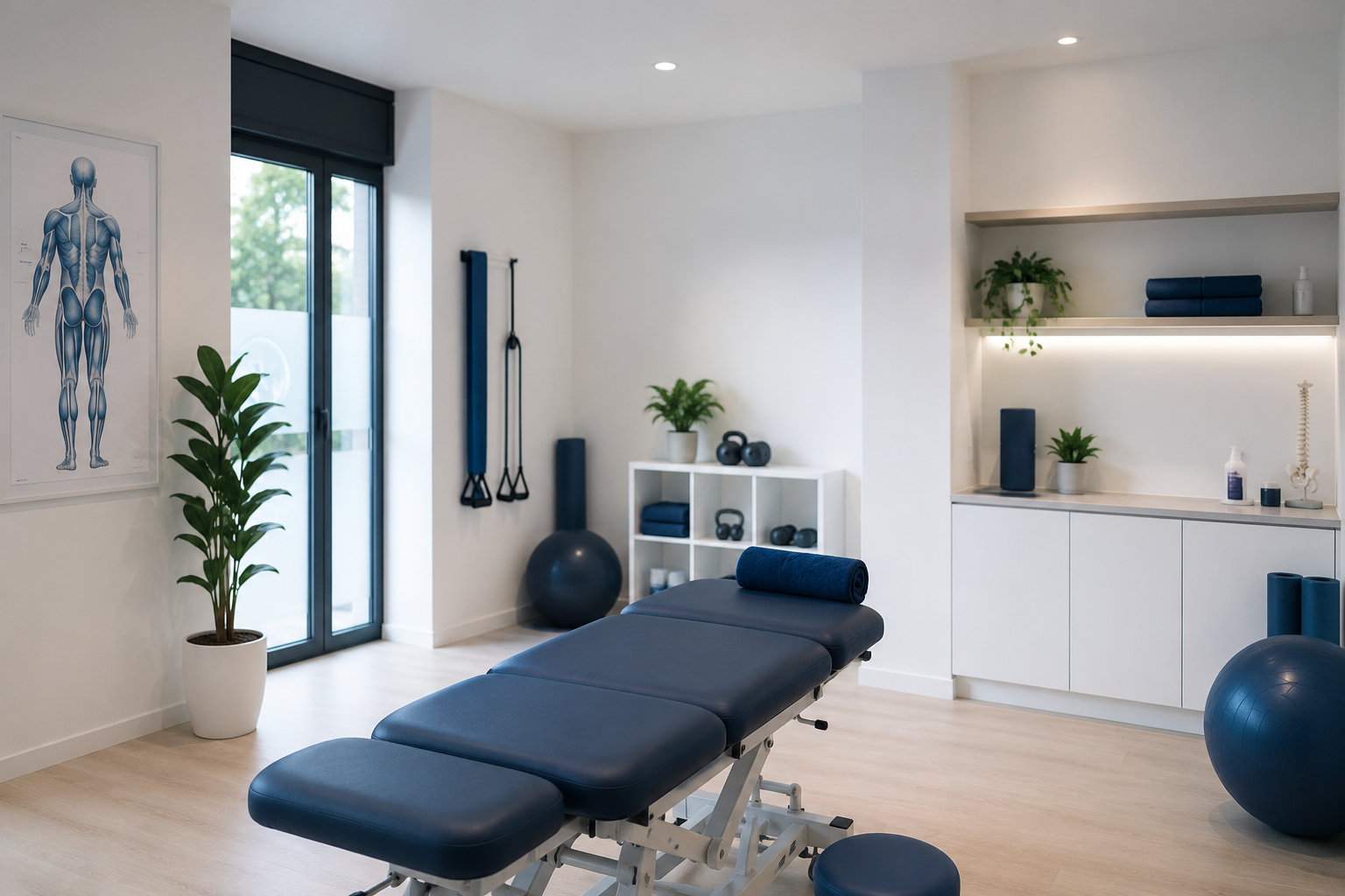Bryanston Physio Care treatment room with a plinth, natural light and clinic equipment